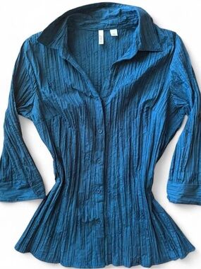 blue embroidered textured button-front women's top - Vintage Style